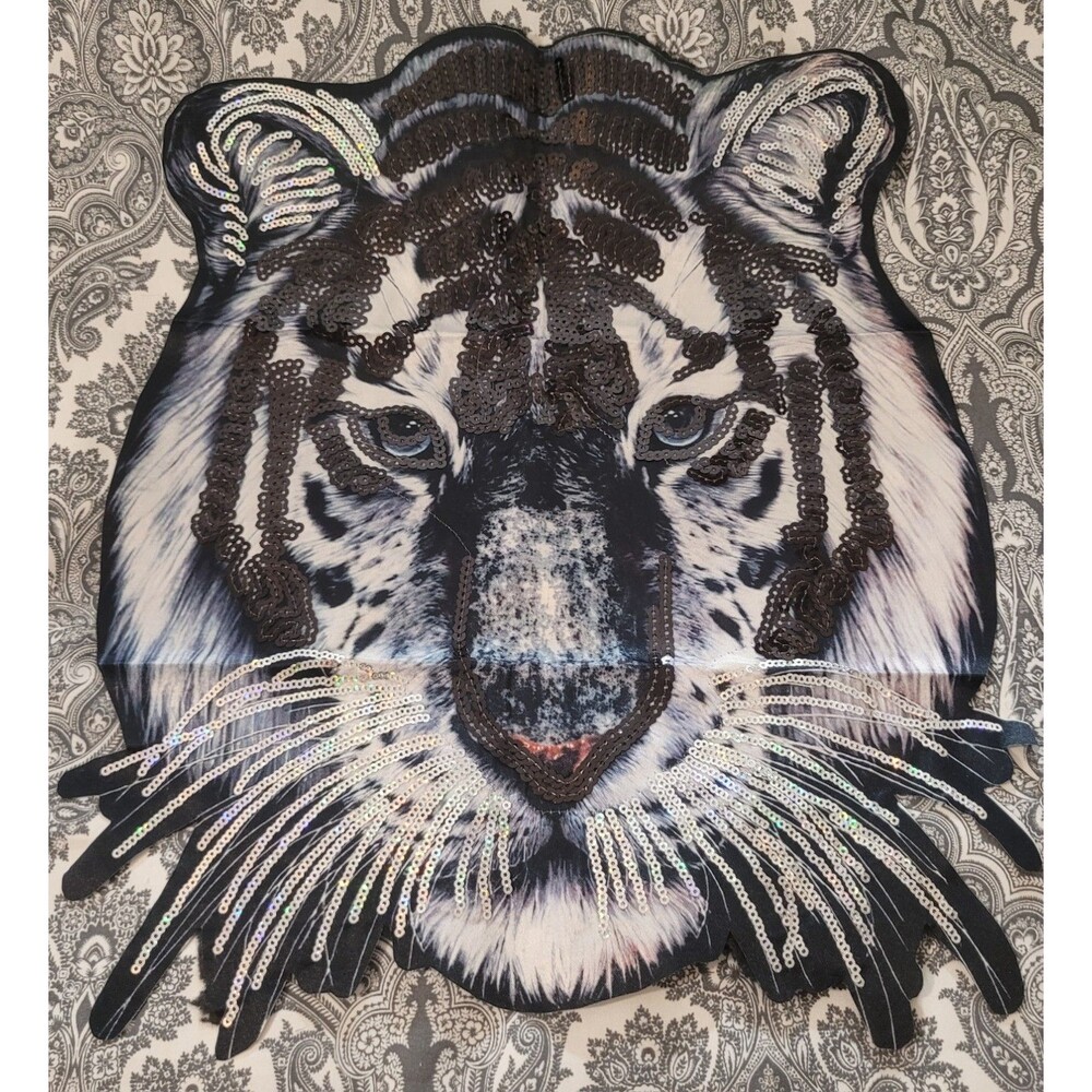 XL Sequin Accents White Tiger Sew On Appliqué Patch